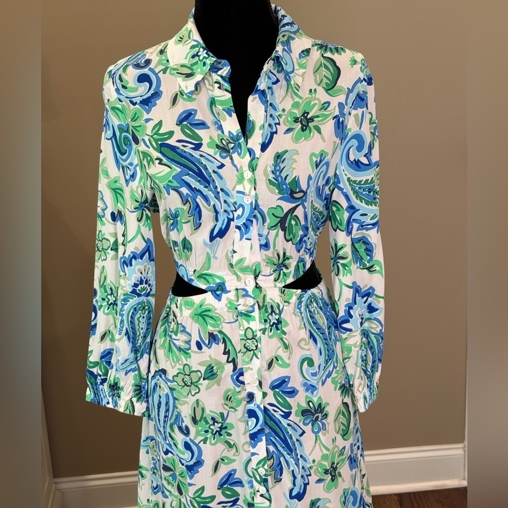 NWT Women’s ZARA Blue/Green paisley cutout midi button down dress- Size XS - Picture 5 of 11